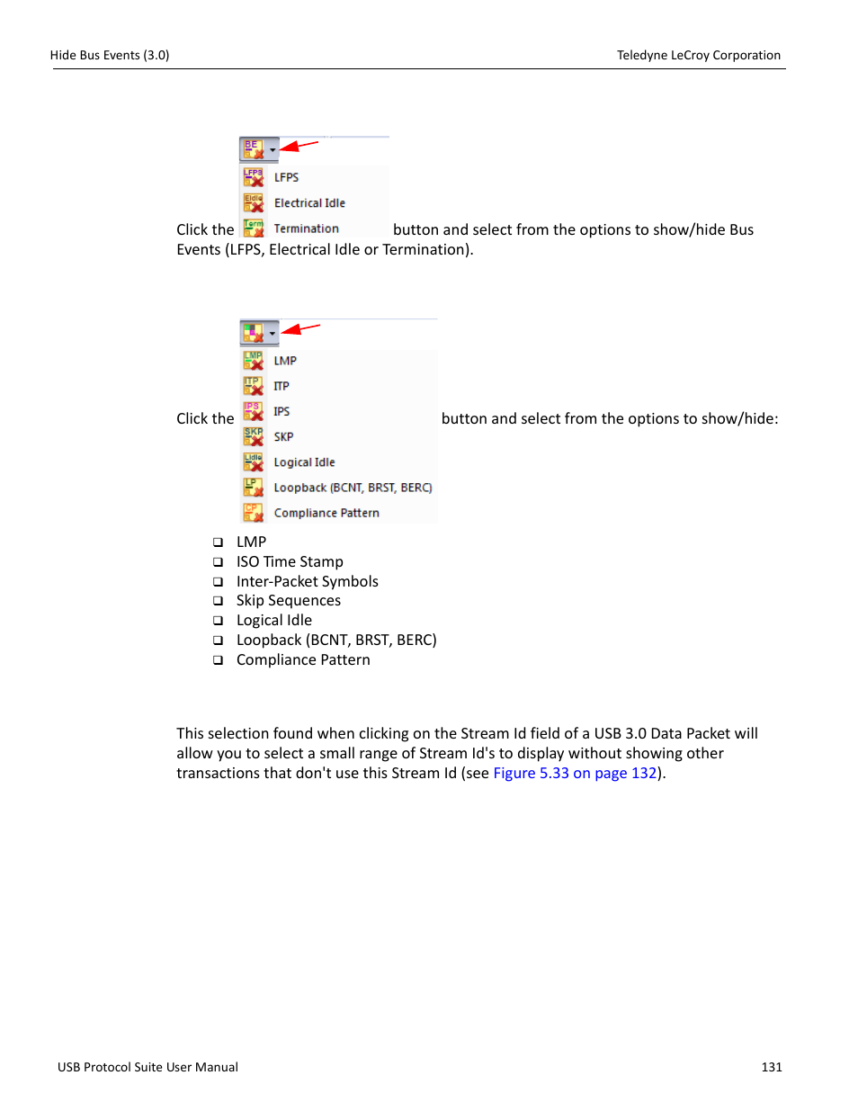 23 hide bus events (3.0), 24 hide miscellaneous packets (3.0), 25 hide all transactions except stream id numbers | Teledyne LeCroy USB Protocol Suite User Manual (Voyager_Advisor T3_Mercury) User Manual | Page 131 / 414