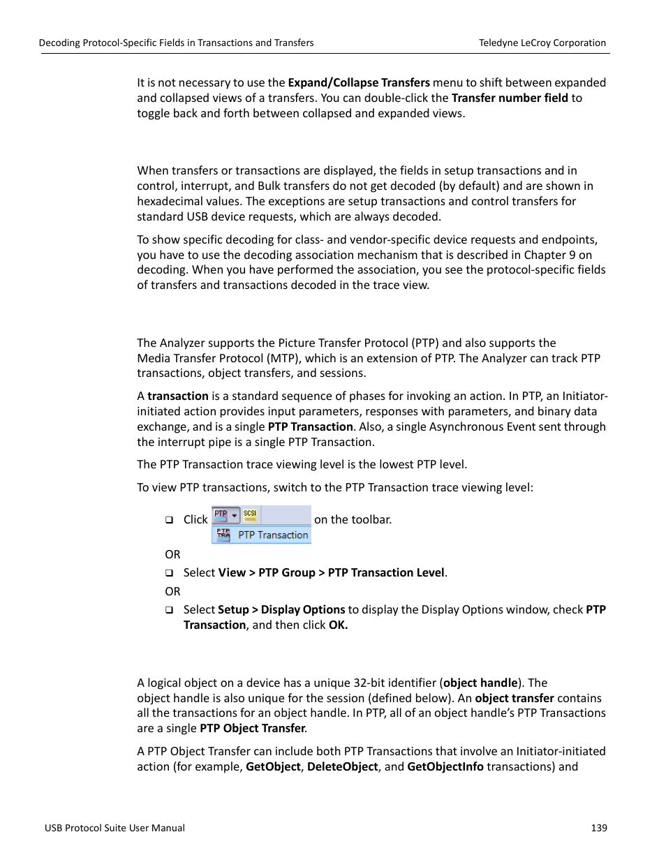 32 switch to ptp transactions, 33 switch to ptp object transfers, Switch to ptp object | Switch to ptp | Teledyne LeCroy USB Protocol Suite User Manual (Voyager_Advisor T3_Mercury) User Manual | Page 139 / 414