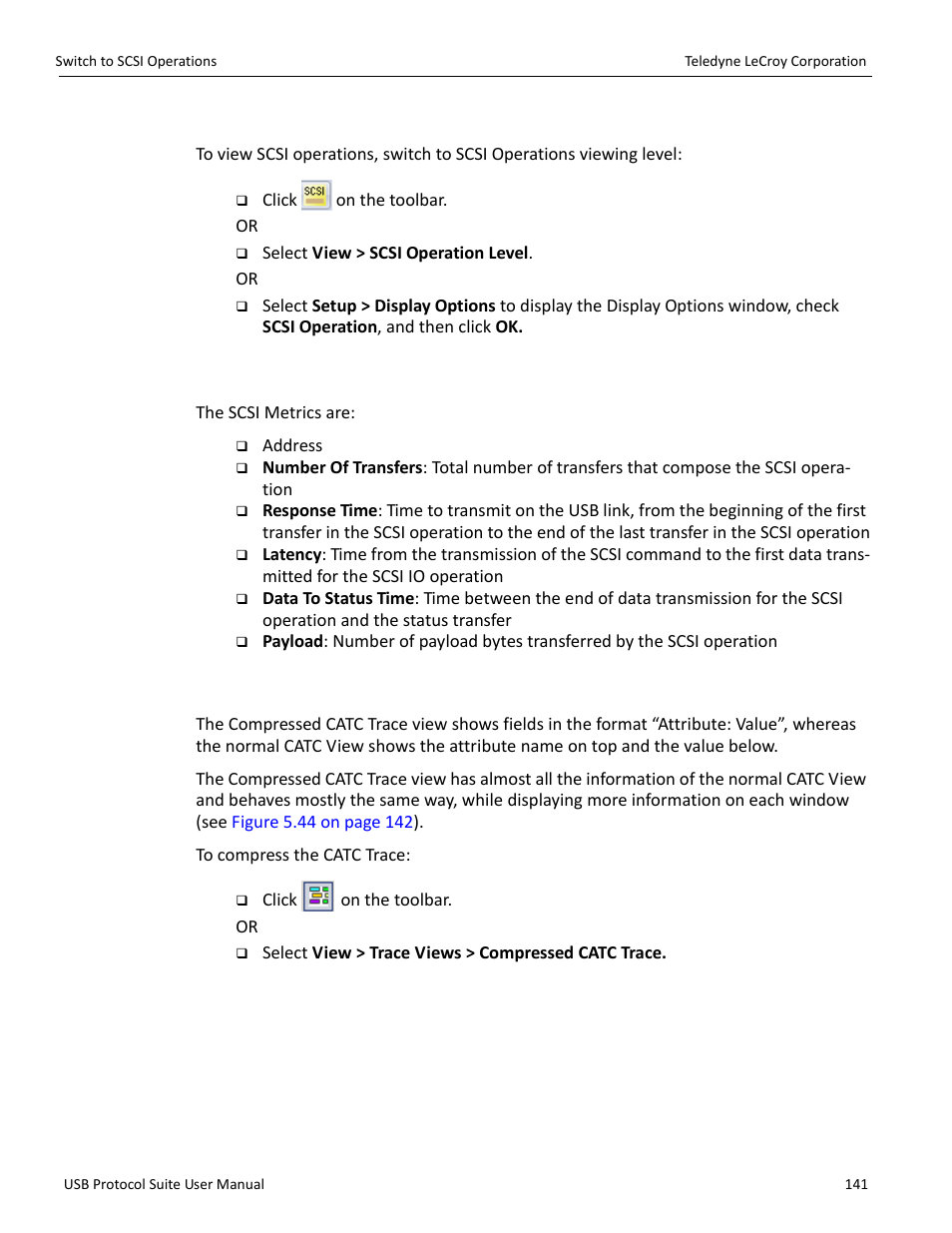 35 switch to scsi operations, 1 scsi metrics, 36 compressed catc trace view | Teledyne LeCroy USB Protocol Suite User Manual (Voyager_Advisor T3_Mercury) User Manual | Page 141 / 414