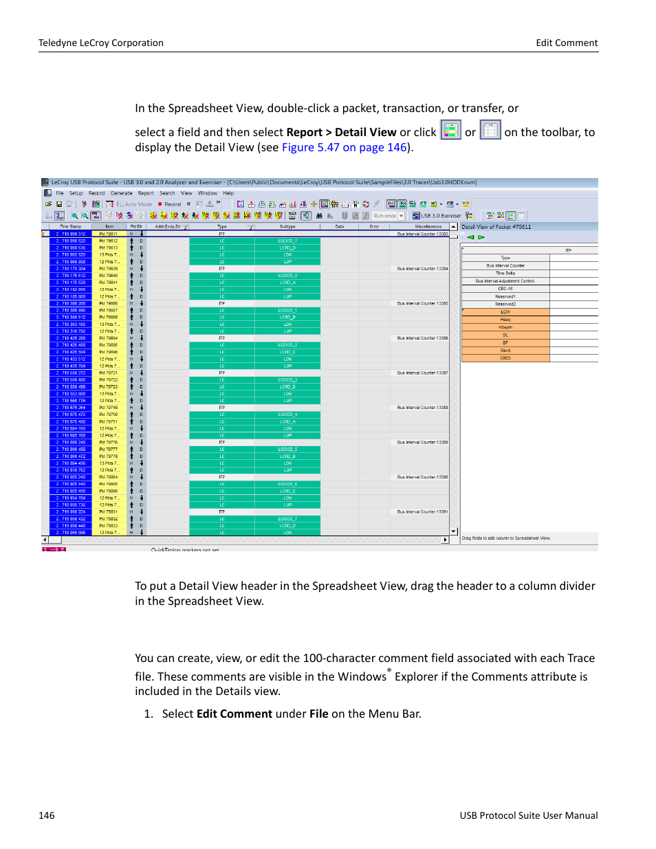 3 detail view and spreadsheet view, 38 edit comment | Teledyne LeCroy USB Protocol Suite User Manual (Voyager_Advisor T3_Mercury) User Manual | Page 146 / 414