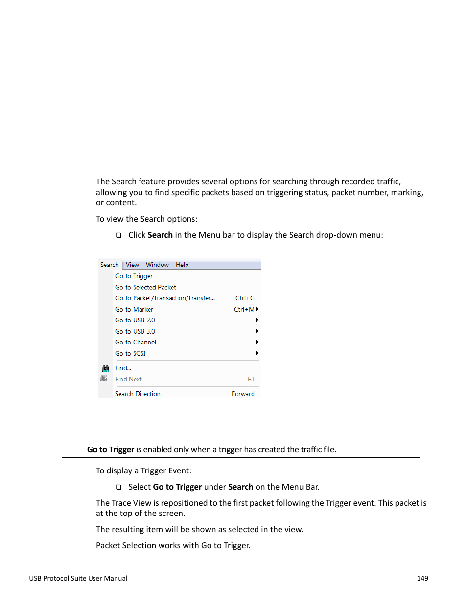 Searching traces, 1 go to trigger, Chapter 6: searching traces | Chapter 6 | Teledyne LeCroy USB Protocol Suite User Manual (Voyager_Advisor T3_Mercury) User Manual | Page 149 / 414