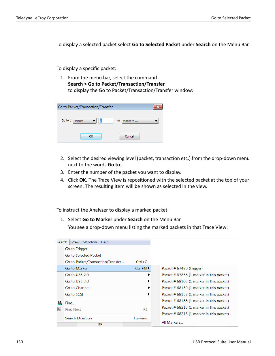 2 go to selected packet, 3 go to packet/transaction/transfer, 4 go to marker | Teledyne LeCroy USB Protocol Suite User Manual (Voyager_Advisor T3_Mercury) User Manual | Page 150 / 414