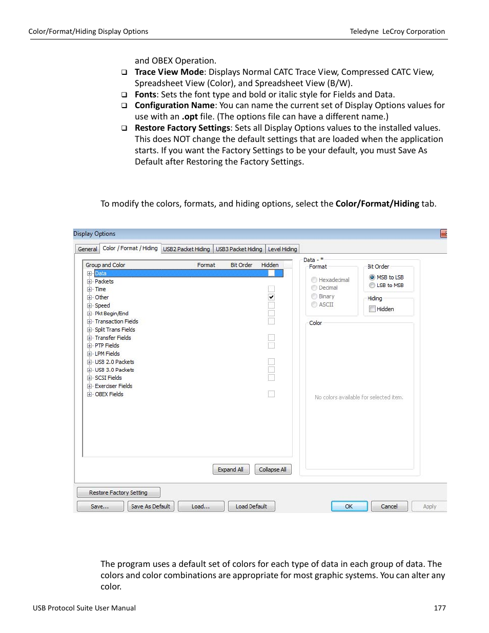 2 color/format/hiding display options, 1 color display options, Color | Teledyne LeCroy USB Protocol Suite User Manual (Voyager_Advisor T3_Mercury) User Manual | Page 177 / 414