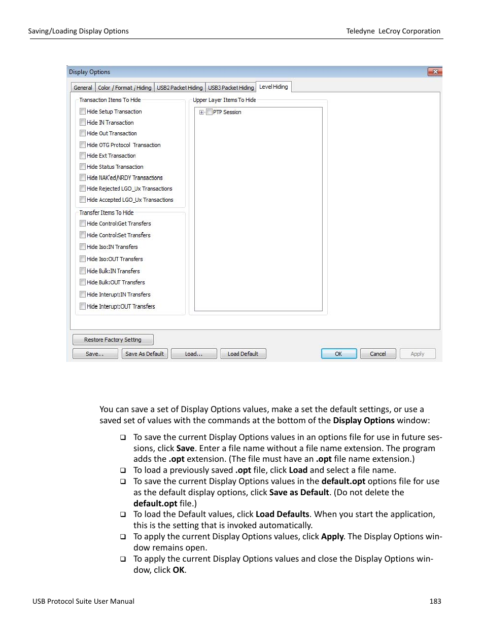 6 saving/loading display options, Figure 7.6 on | Teledyne LeCroy USB Protocol Suite User Manual (Voyager_Advisor T3_Mercury) User Manual | Page 183 / 414