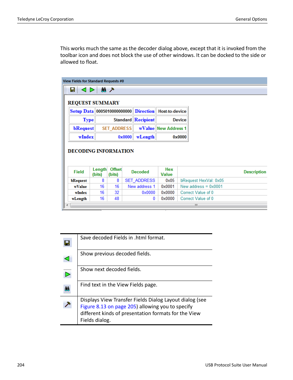 8 decoded fields view, Decoded fields view” on | Teledyne LeCroy USB Protocol Suite User Manual (Voyager_Advisor T3_Mercury) User Manual | Page 204 / 414