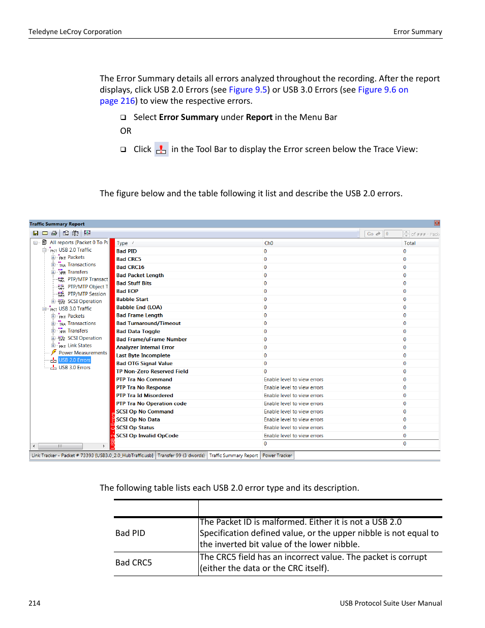 3 error summary, 1 usb 2.0 errors, Error summary” on | Teledyne LeCroy USB Protocol Suite User Manual (Voyager_Advisor T3_Mercury) User Manual | Page 214 / 414