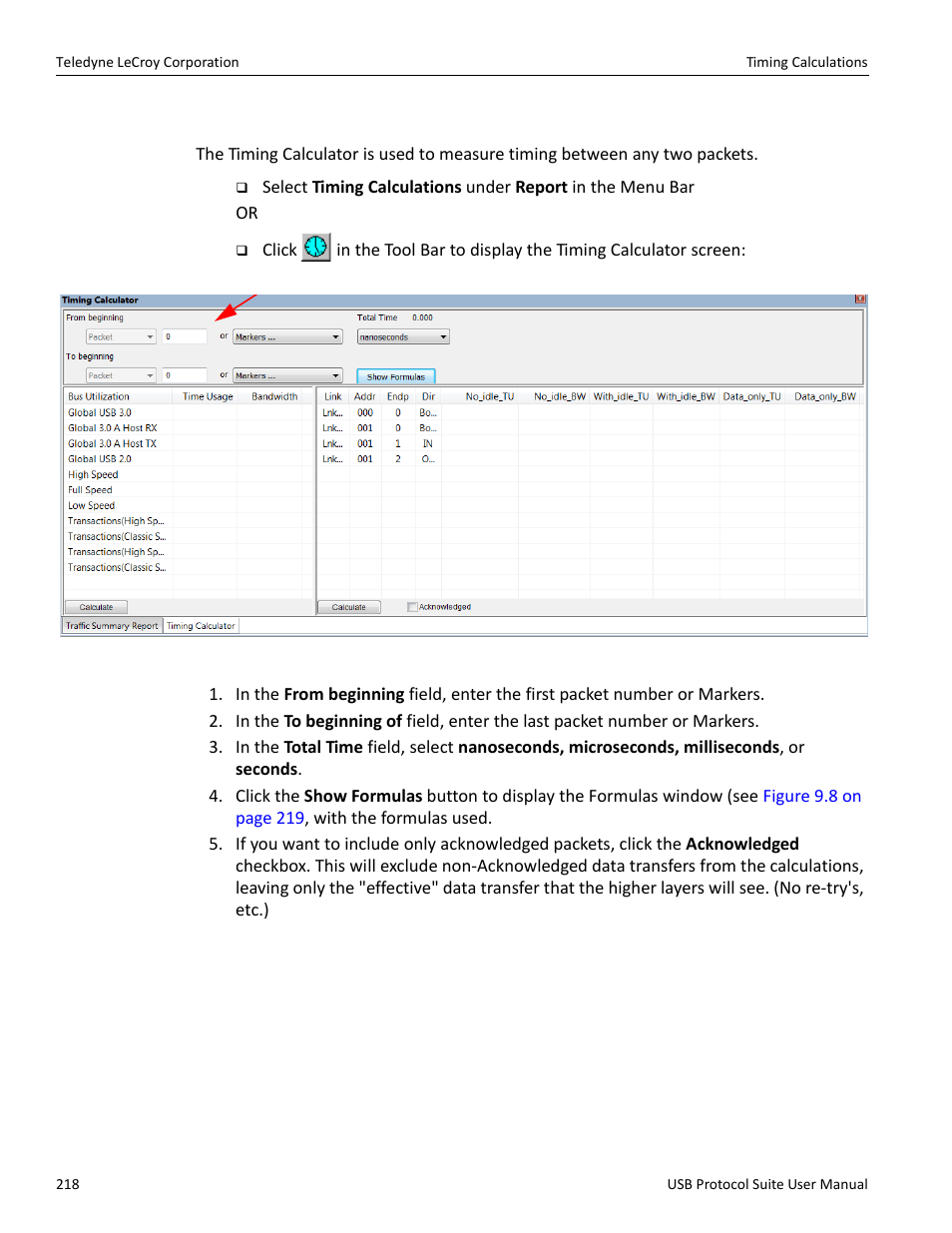 4 timing calculations, Timing calculations” on | Teledyne LeCroy USB Protocol Suite User Manual (Voyager_Advisor T3_Mercury) User Manual | Page 218 / 414