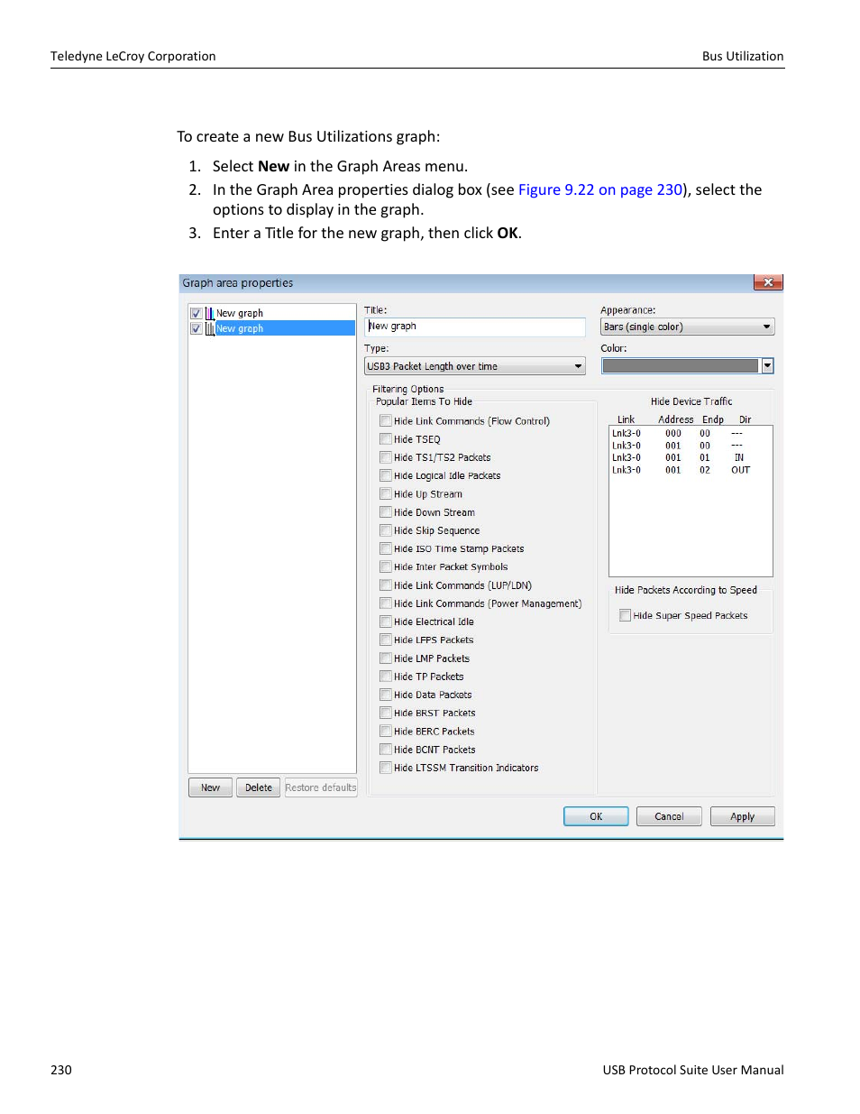 Creating a new bus utilization graph | Teledyne LeCroy USB Protocol Suite User Manual (Voyager_Advisor T3_Mercury) User Manual | Page 230 / 414