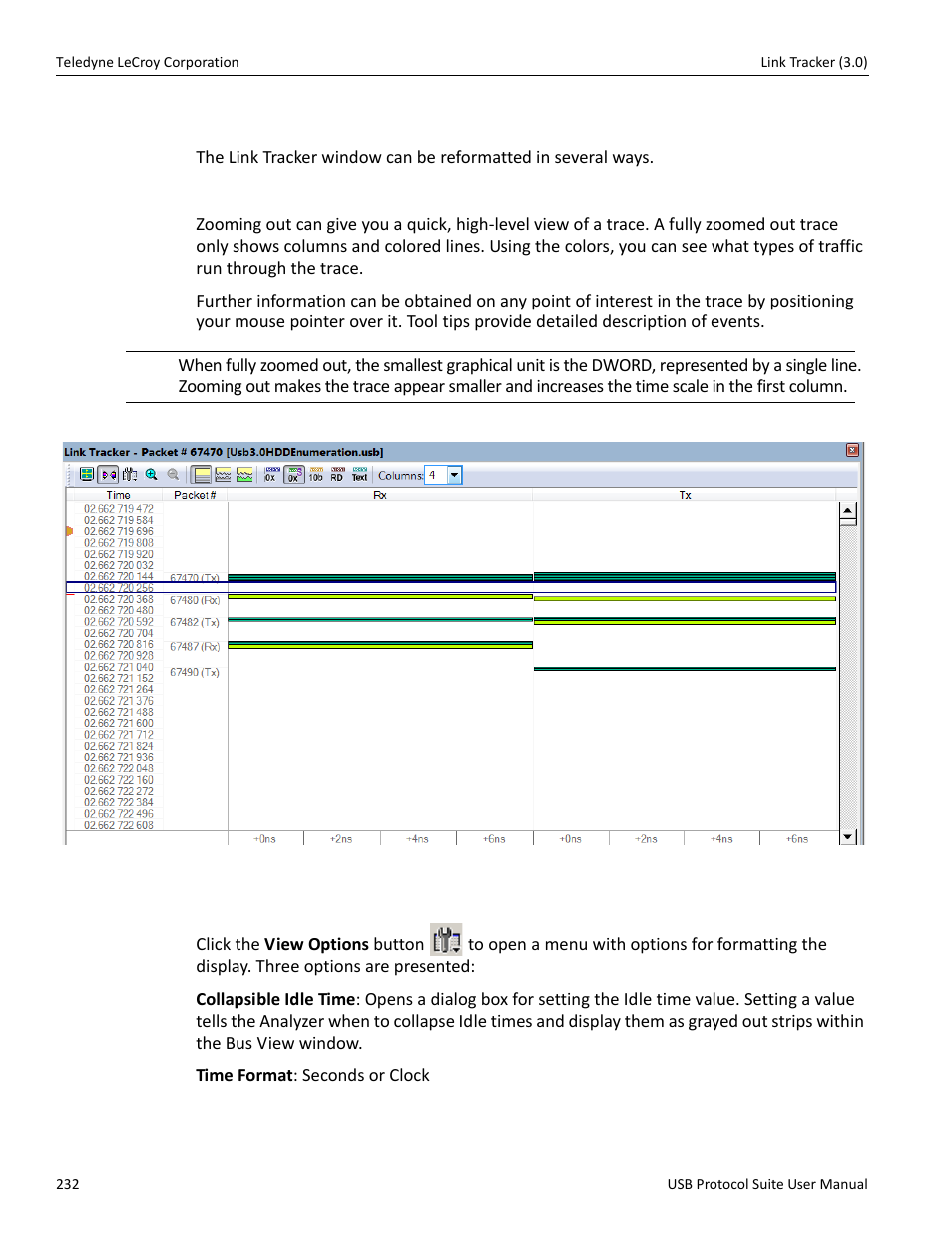 1 using the link tracker window, Zooming in and out | Teledyne LeCroy USB Protocol Suite User Manual (Voyager_Advisor T3_Mercury) User Manual | Page 232 / 414