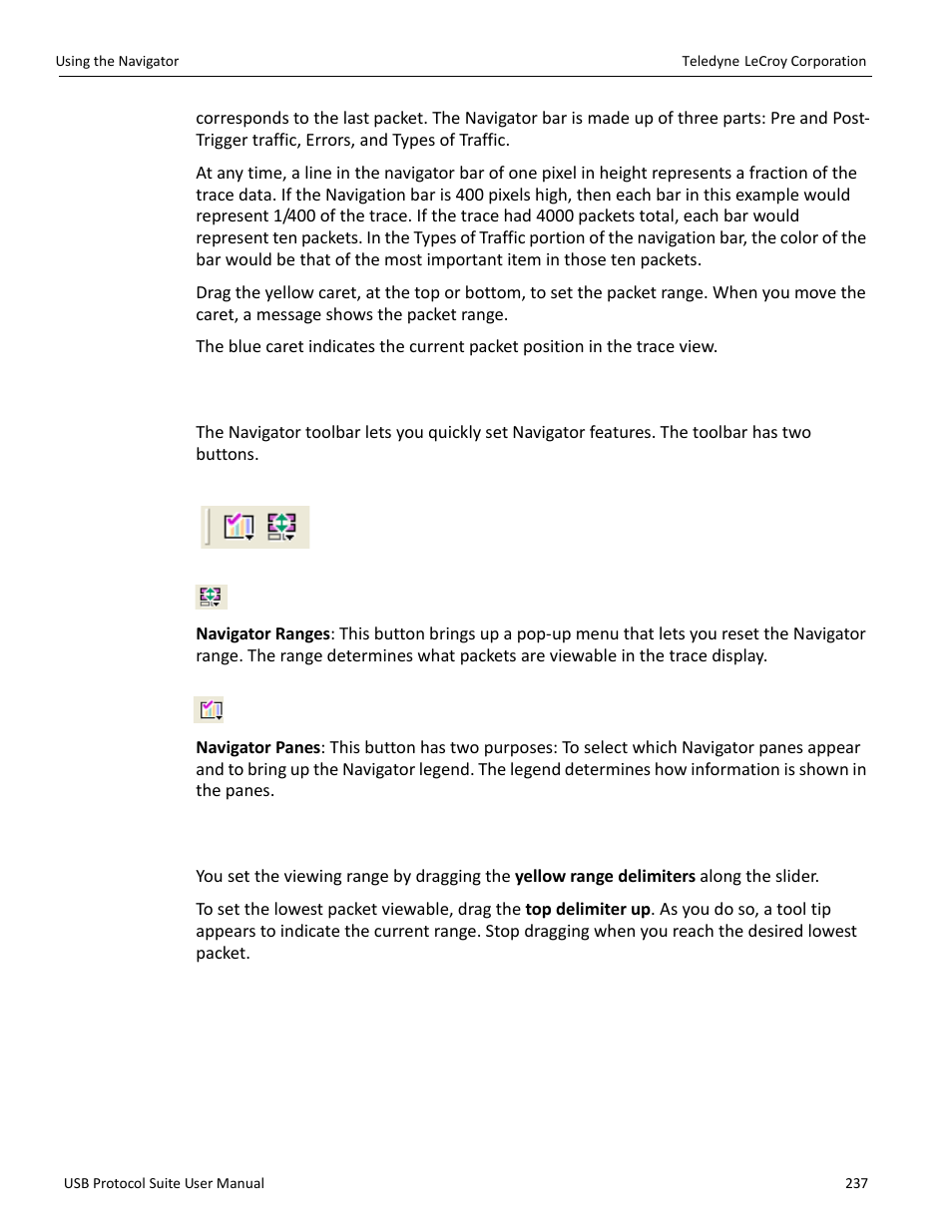 2 navigator toolbar, 3 navigator ranges | Teledyne LeCroy USB Protocol Suite User Manual (Voyager_Advisor T3_Mercury) User Manual | Page 237 / 414