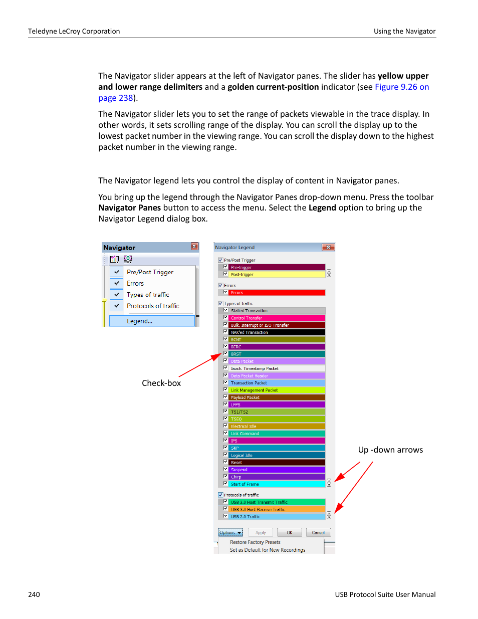 Navigator slider, Navigator legend | Teledyne LeCroy USB Protocol Suite User Manual (Voyager_Advisor T3_Mercury) User Manual | Page 240 / 414