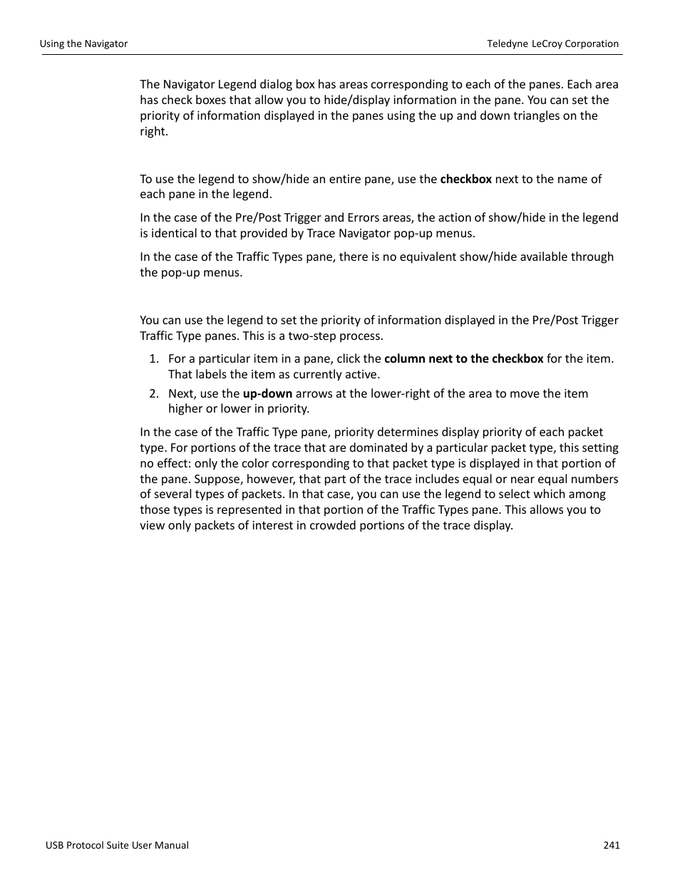 Using the legend to show/hide navigator panes | Teledyne LeCroy USB Protocol Suite User Manual (Voyager_Advisor T3_Mercury) User Manual | Page 241 / 414
