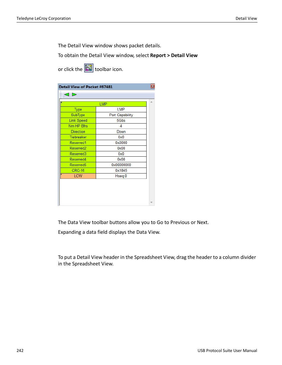10 detail view, 1 detail view and spreadsheet view, Detail view” on | Teledyne LeCroy USB Protocol Suite User Manual (Voyager_Advisor T3_Mercury) User Manual | Page 242 / 414
