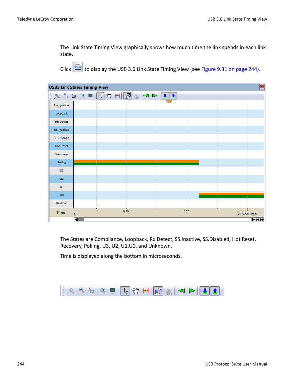 12 usb 3.0 link state timing view, 1 usb 3.0 link state timing view toolbar, Usb 3.0 link state timing | Teledyne LeCroy USB Protocol Suite User Manual (Voyager_Advisor T3_Mercury) User Manual | Page 244 / 414