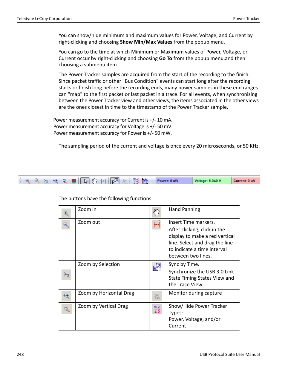 1 power tracker toolbar, Power tracker toolbar | Teledyne LeCroy USB Protocol Suite User Manual (Voyager_Advisor T3_Mercury) User Manual | Page 248 / 414