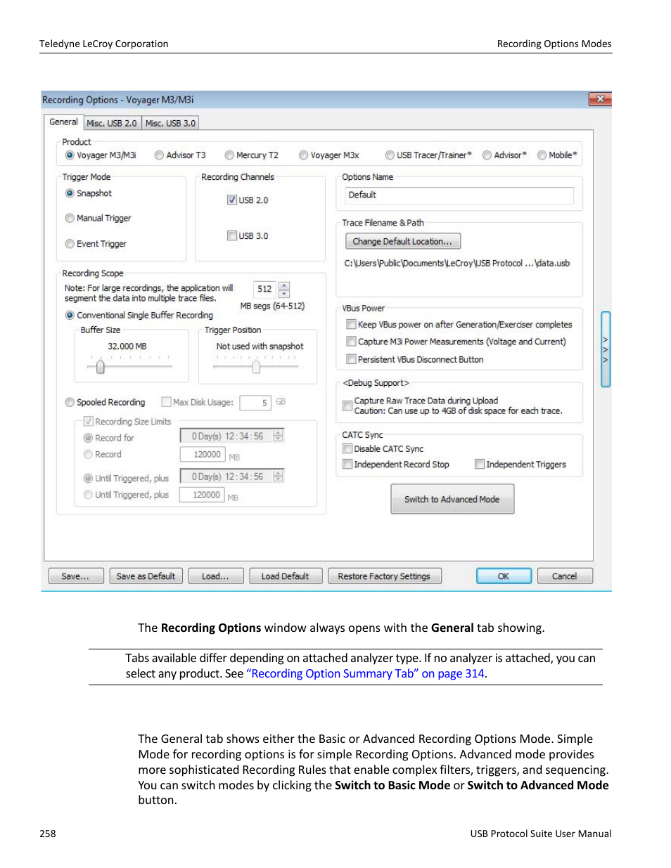 1 recording options modes | Teledyne LeCroy USB Protocol Suite User Manual (Voyager_Advisor T3_Mercury) User Manual | Page 258 / 414