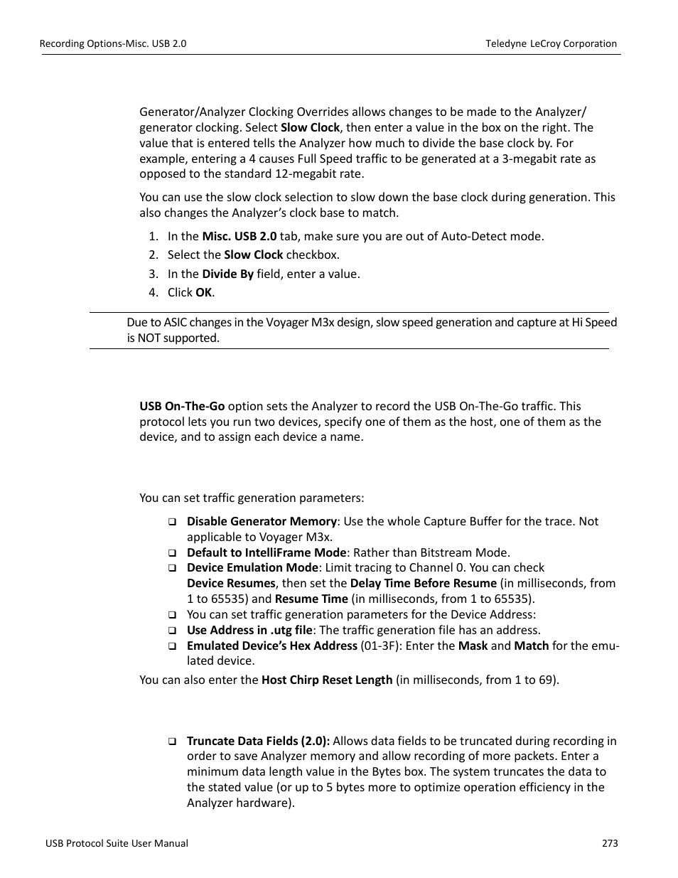 2 generator/analyzer clocking overrides, 3 usb on-the-go, 4 generator-related parameters | 5 data truncation option | Teledyne LeCroy USB Protocol Suite User Manual (Voyager_Advisor T3_Mercury) User Manual | Page 273 / 414