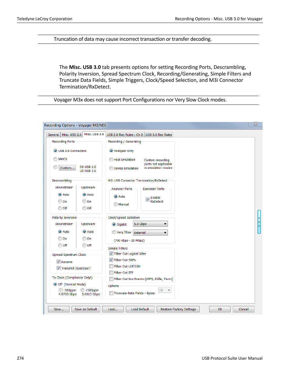 4 recording options - misc. usb 3.0 for voyager | Teledyne LeCroy USB Protocol Suite User Manual (Voyager_Advisor T3_Mercury) User Manual | Page 274 / 414