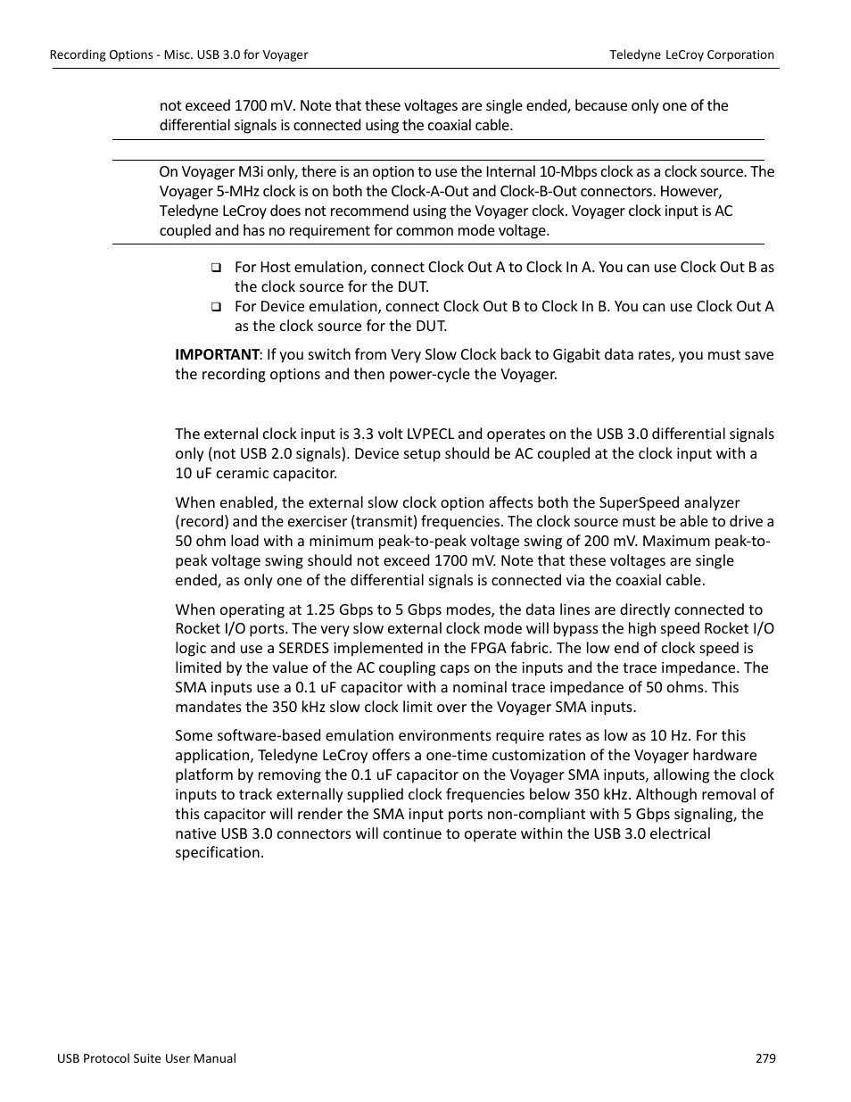 External clock input specifications | Teledyne LeCroy USB Protocol Suite User Manual (Voyager_Advisor T3_Mercury) User Manual | Page 279 / 414
