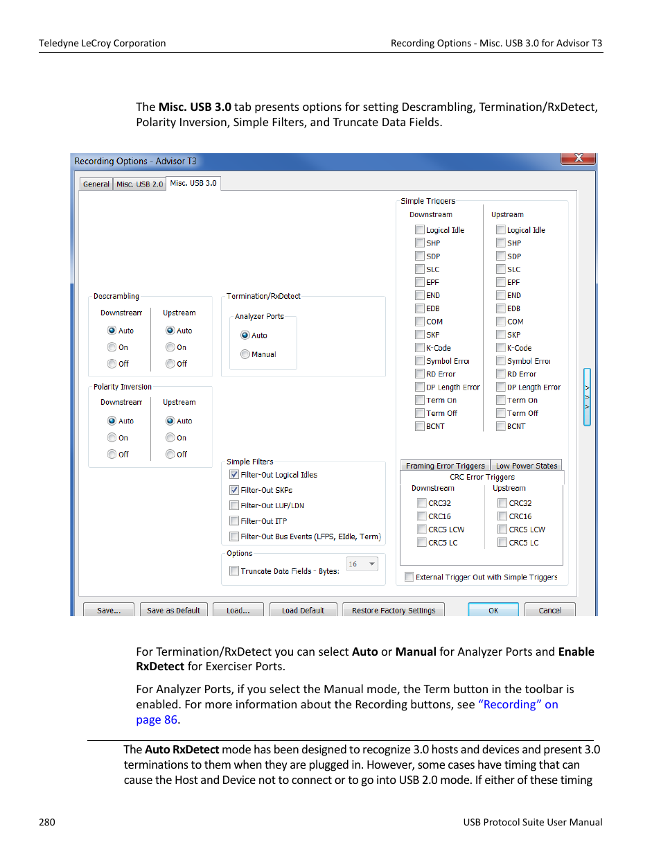 5 recording options - misc. usb 3.0 for advisor t3 | Teledyne LeCroy USB Protocol Suite User Manual (Voyager_Advisor T3_Mercury) User Manual | Page 280 / 414