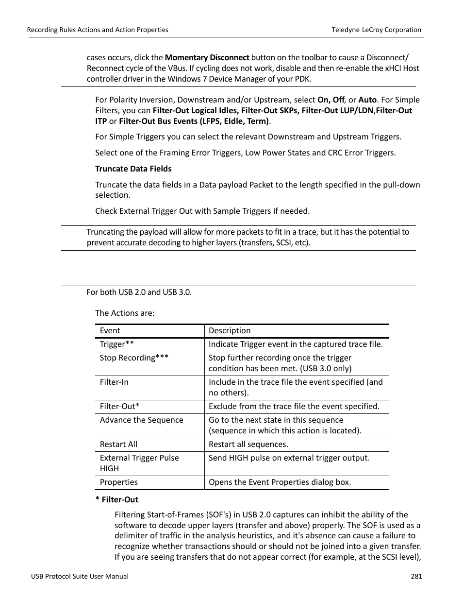 6 recording rules actions and action properties | Teledyne LeCroy USB Protocol Suite User Manual (Voyager_Advisor T3_Mercury) User Manual | Page 281 / 414