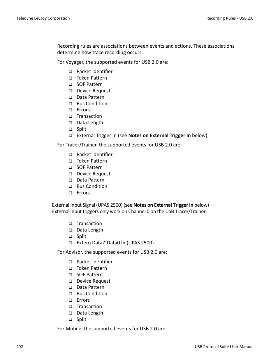 7 events and event properties for usb 2.0 | Teledyne LeCroy USB Protocol Suite User Manual (Voyager_Advisor T3_Mercury) User Manual | Page 292 / 414