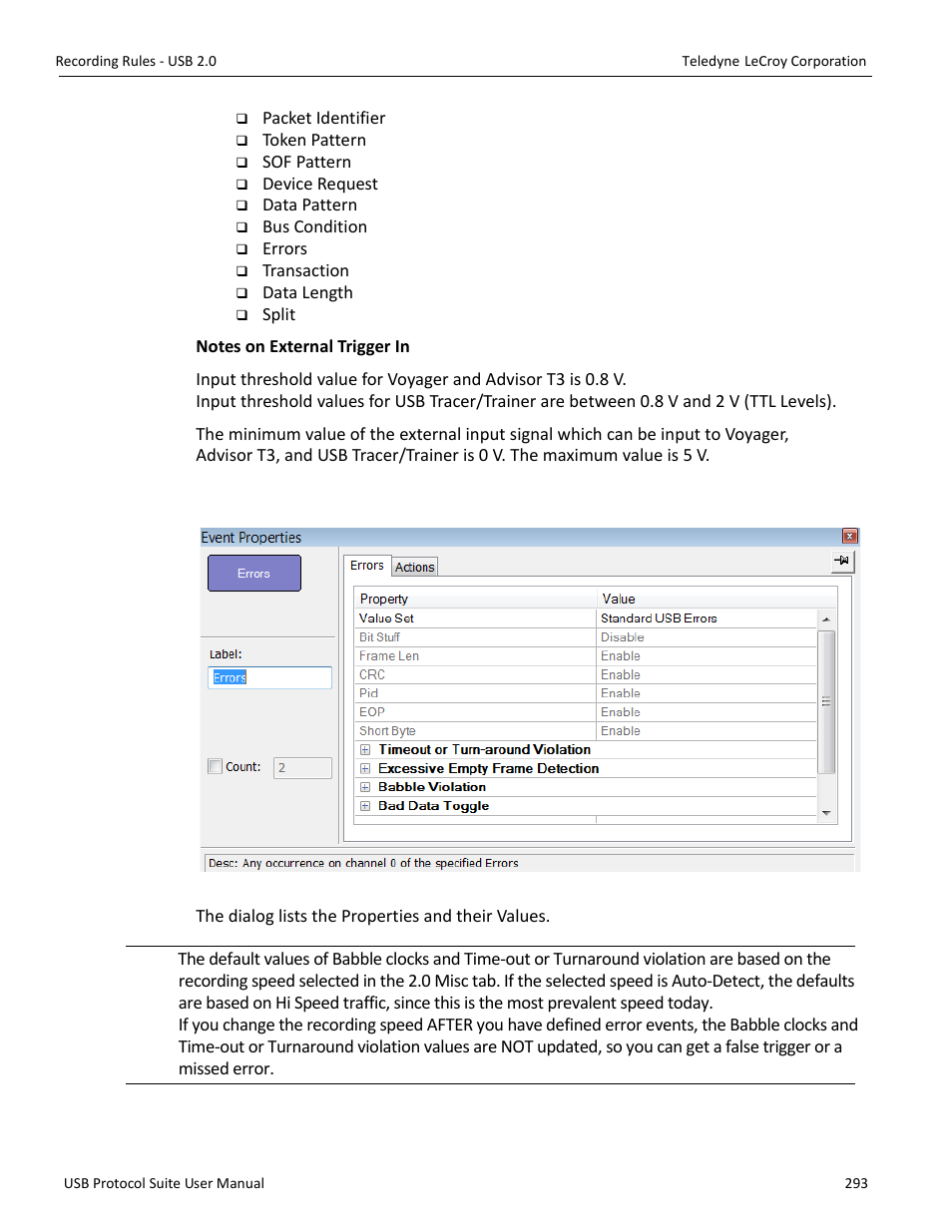 Event properties (of the error event) | Teledyne LeCroy USB Protocol Suite User Manual (Voyager_Advisor T3_Mercury) User Manual | Page 293 / 414