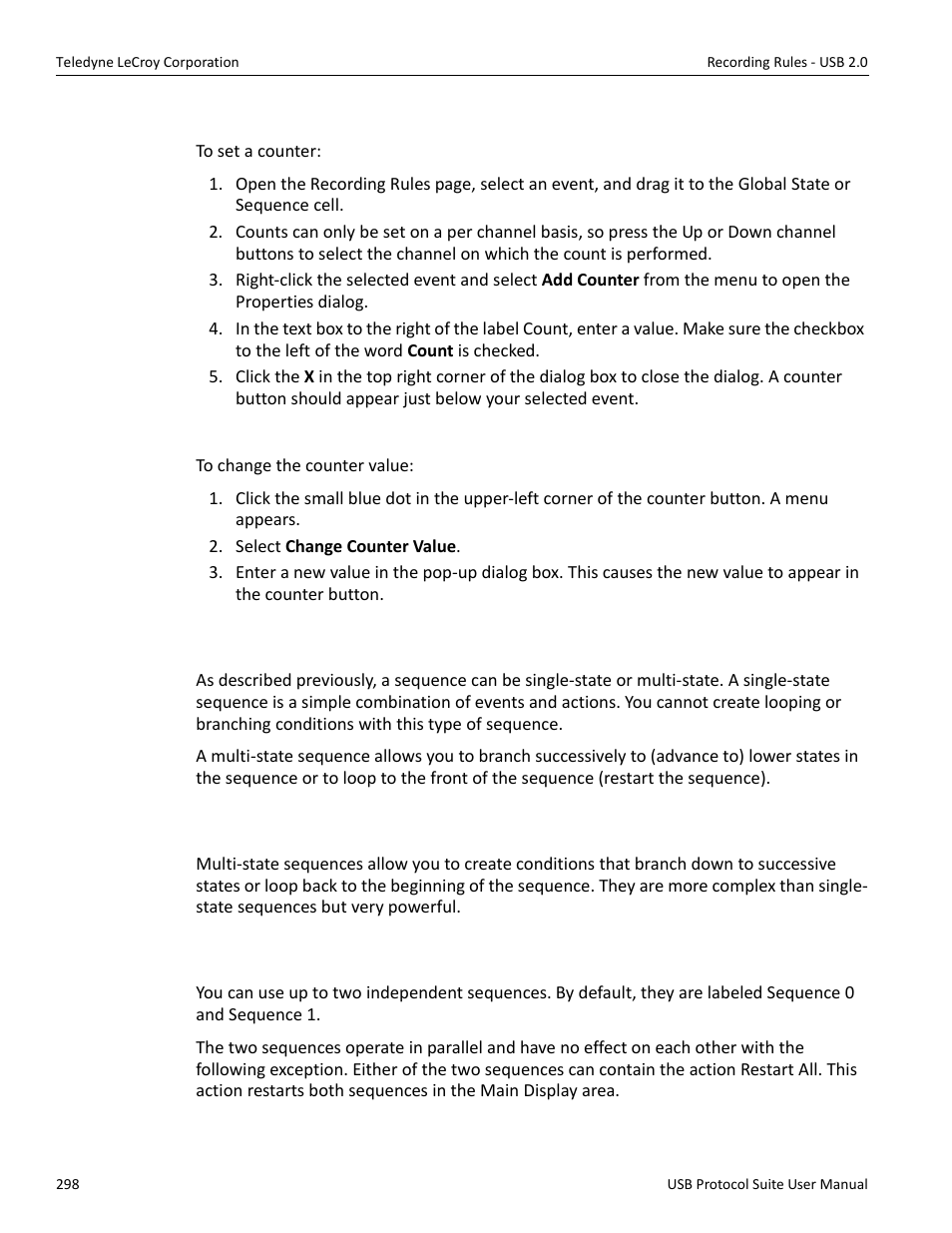 Setting a counter, Changing a counter value, 9 using a single-state sequence | 10 using a multi-state sequences, 11 using independent sequences | Teledyne LeCroy USB Protocol Suite User Manual (Voyager_Advisor T3_Mercury) User Manual | Page 298 / 414