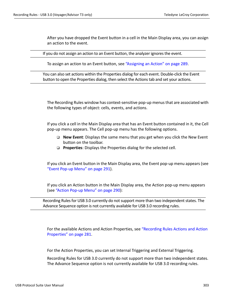 5 assigning an action, 6 recording rules pop-up menus, Cell pop-up menu | Event pop-up menu, Action pop-up menu, 7 actions and action properties, Action properties | Teledyne LeCroy USB Protocol Suite User Manual (Voyager_Advisor T3_Mercury) User Manual | Page 303 / 414