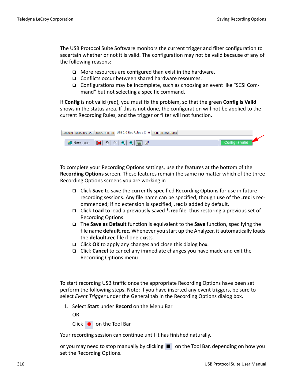 10 configuration validity, 9 saving recording options, 10 recording bus data | Teledyne LeCroy USB Protocol Suite User Manual (Voyager_Advisor T3_Mercury) User Manual | Page 310 / 414