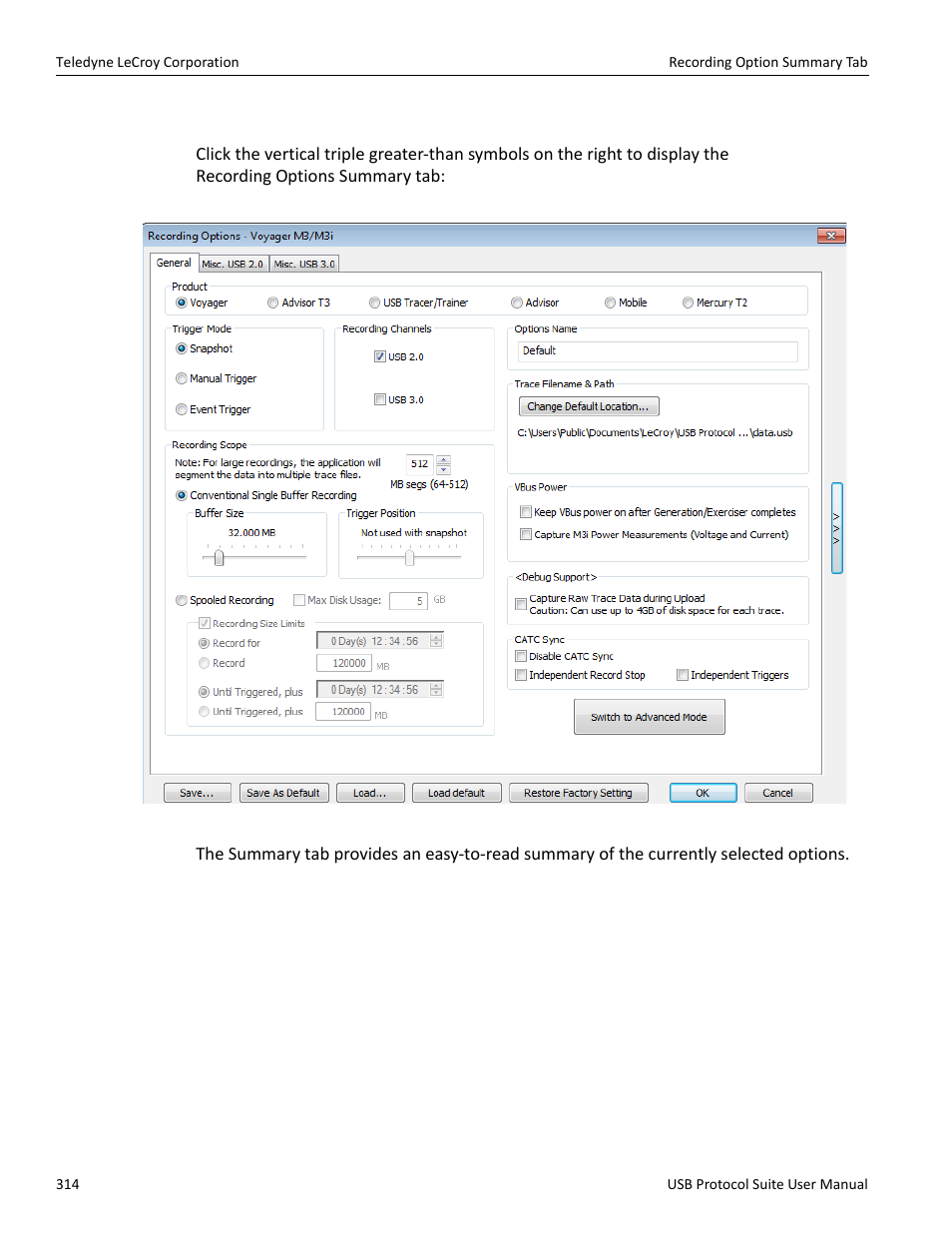12 recording option summary tab | Teledyne LeCroy USB Protocol Suite User Manual (Voyager_Advisor T3_Mercury) User Manual | Page 314 / 414