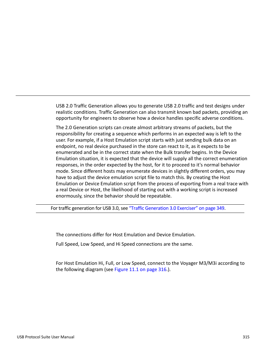 Traffic generation 2.0, 1 connecting to voyager m3/m3i, Hi/full/low speed host emulation | Chapter 11: traffic generation 2.0, Chapter 11 | Teledyne LeCroy USB Protocol Suite User Manual (Voyager_Advisor T3_Mercury) User Manual | Page 315 / 414