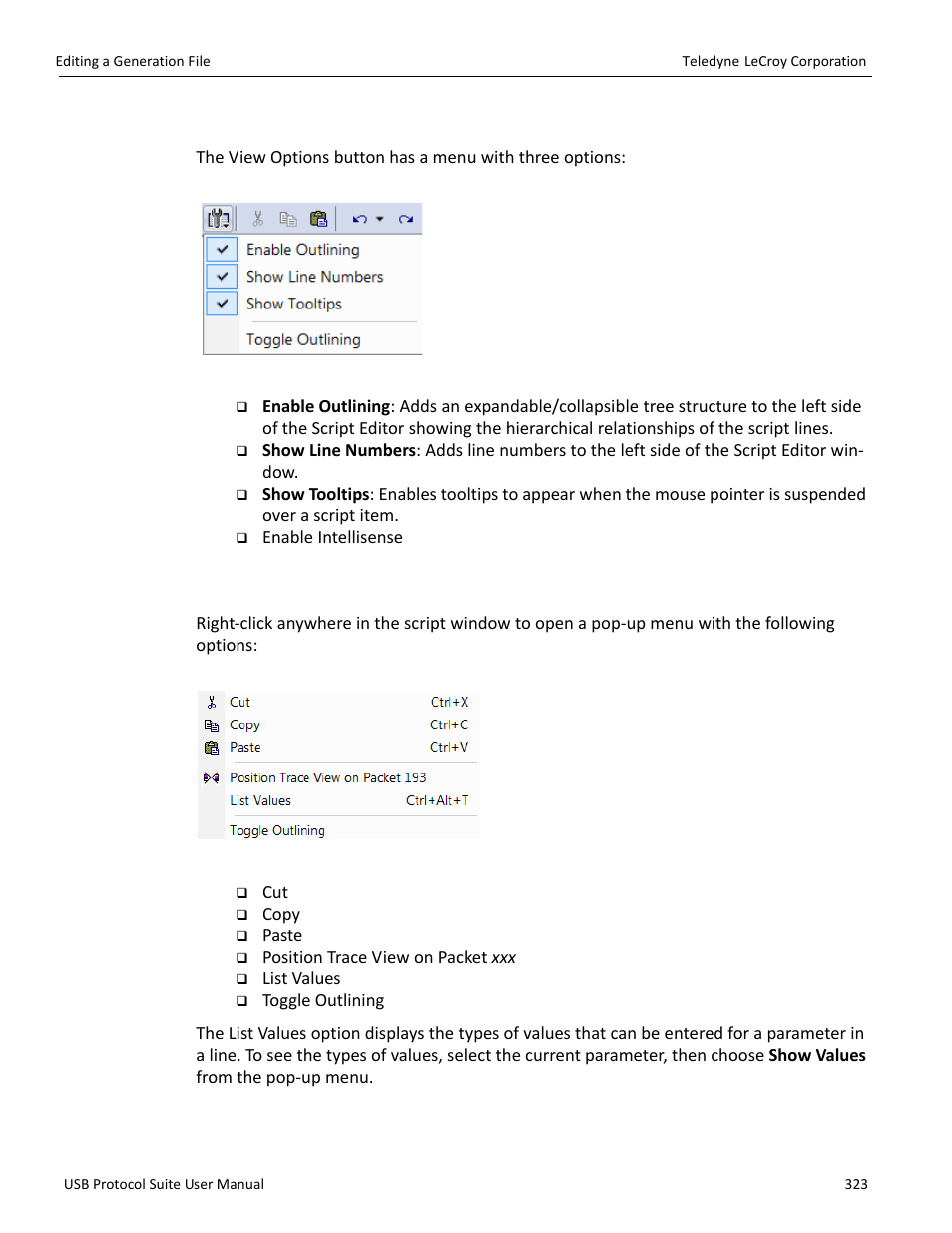 2 view options menu, 3 pop-up menu | Teledyne LeCroy USB Protocol Suite User Manual (Voyager_Advisor T3_Mercury) User Manual | Page 323 / 414