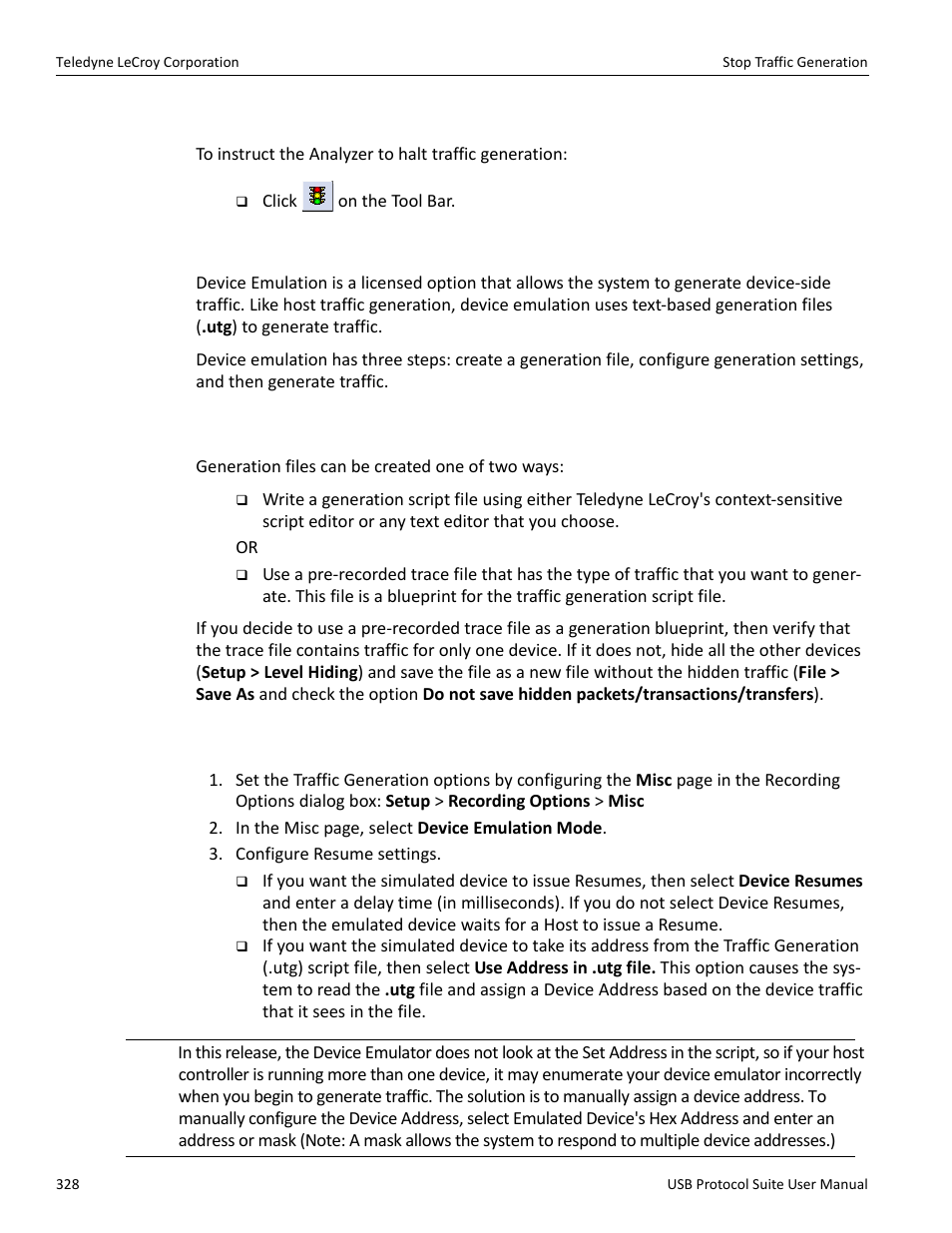 9 stop traffic generation, 10 device emulation, 1 creating a generation file | 2 setting generation options | Teledyne LeCroy USB Protocol Suite User Manual (Voyager_Advisor T3_Mercury) User Manual | Page 328 / 414