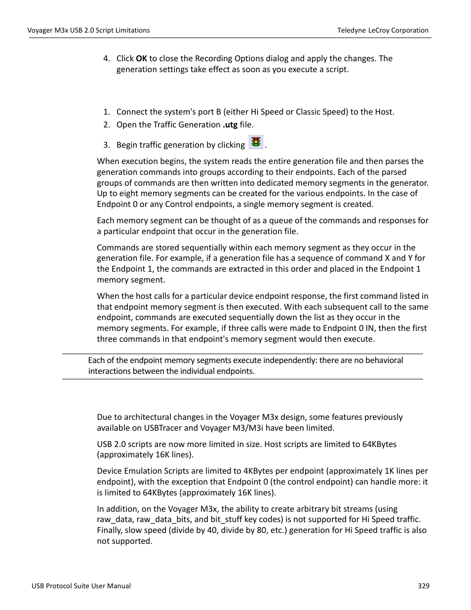 3 run the traffic generation script file, 11 voyager m3x usb 2.0 script limitations | Teledyne LeCroy USB Protocol Suite User Manual (Voyager_Advisor T3_Mercury) User Manual | Page 329 / 414