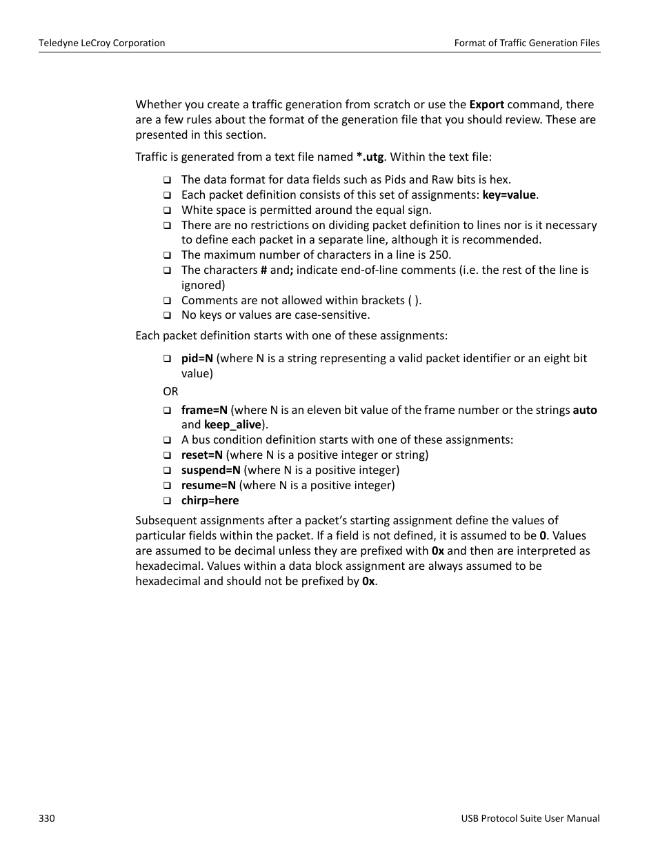 12 format of traffic generation files | Teledyne LeCroy USB Protocol Suite User Manual (Voyager_Advisor T3_Mercury) User Manual | Page 330 / 414