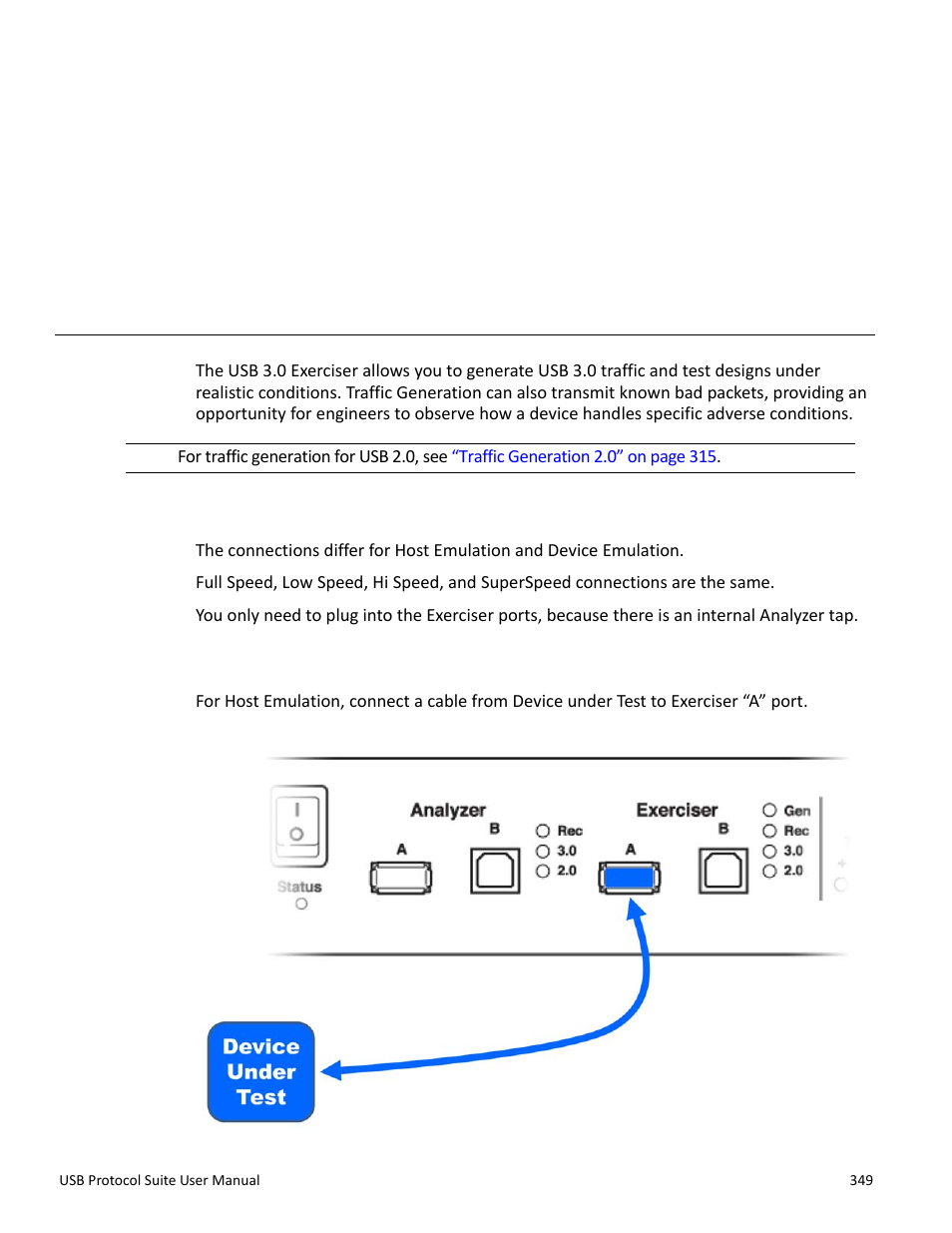 Traffic generation 3.0 exerciser, 1 connecting to voyager m3/m3i, 1 host emulation | Chapter 12: traffic generation 3.0 exerciser, Chapter 12 | Teledyne LeCroy USB Protocol Suite User Manual (Voyager_Advisor T3_Mercury) User Manual | Page 349 / 414