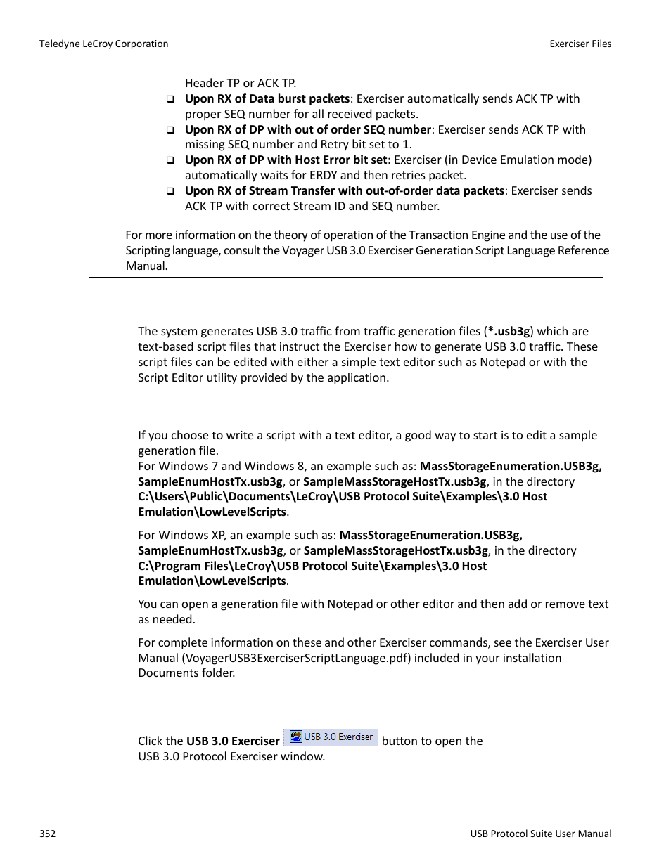 5 exerciser files, 6 creating exerciser files, 7 exerciser window | Teledyne LeCroy USB Protocol Suite User Manual (Voyager_Advisor T3_Mercury) User Manual | Page 352 / 414
