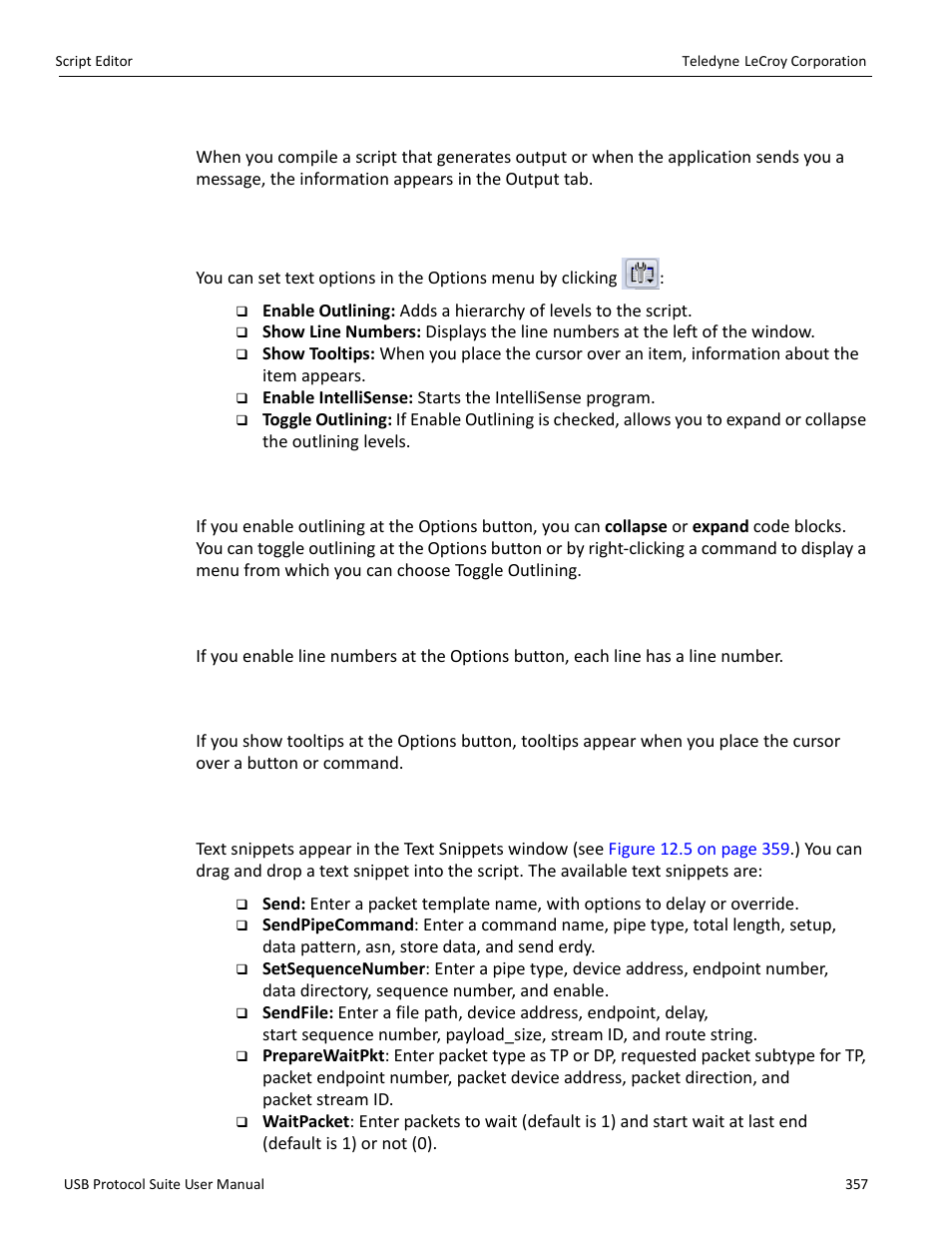7 output, 8 options menu, 9 outlining | 10 line numbers, 11 tooltips, 12 text snippets | Teledyne LeCroy USB Protocol Suite User Manual (Voyager_Advisor T3_Mercury) User Manual | Page 357 / 414