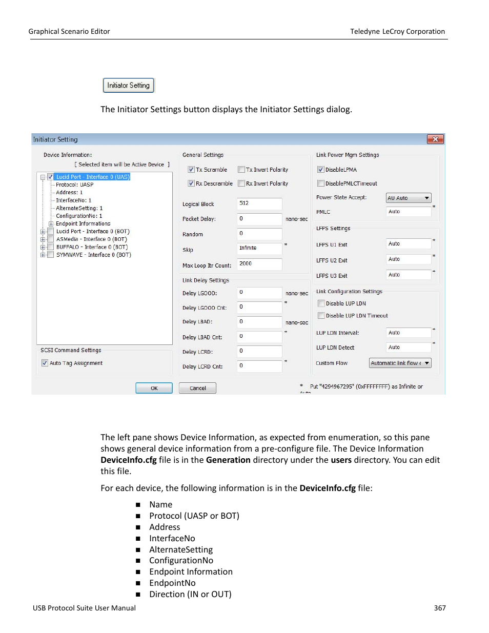 2 initiator setting, Device information | Teledyne LeCroy USB Protocol Suite User Manual (Voyager_Advisor T3_Mercury) User Manual | Page 367 / 414