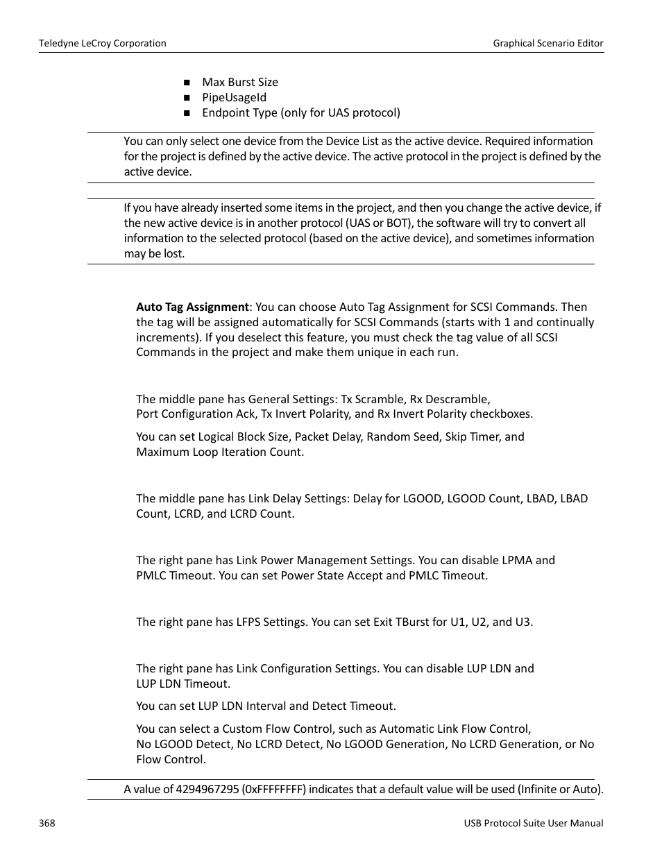 Scsi command settings, General settings, Link delay settings | Link power management settings, Lfps settings, Link configuration settings | Teledyne LeCroy USB Protocol Suite User Manual (Voyager_Advisor T3_Mercury) User Manual | Page 368 / 414