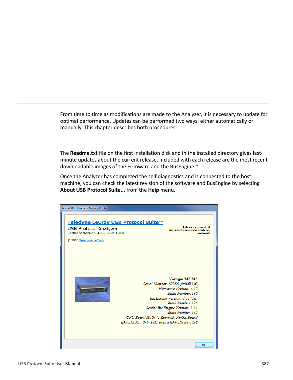 Updates, 1 software, firmware, and busengine revisions, Chapter 13: updates | Software, firmware, and busengine, Chapter 13 | Teledyne LeCroy USB Protocol Suite User Manual (Voyager_Advisor T3_Mercury) User Manual | Page 387 / 414