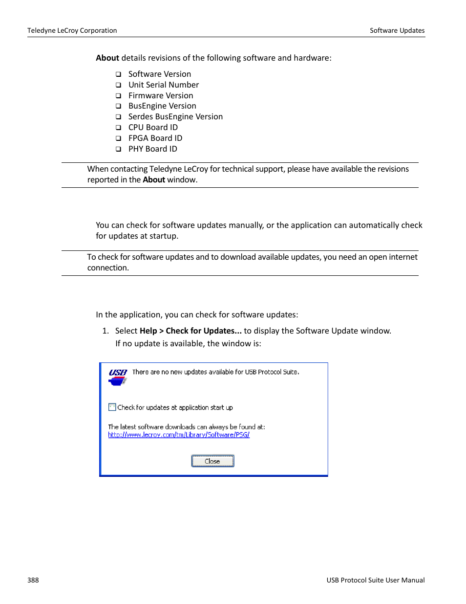 2 software updates, 1 manual check for software updates | Teledyne LeCroy USB Protocol Suite User Manual (Voyager_Advisor T3_Mercury) User Manual | Page 388 / 414