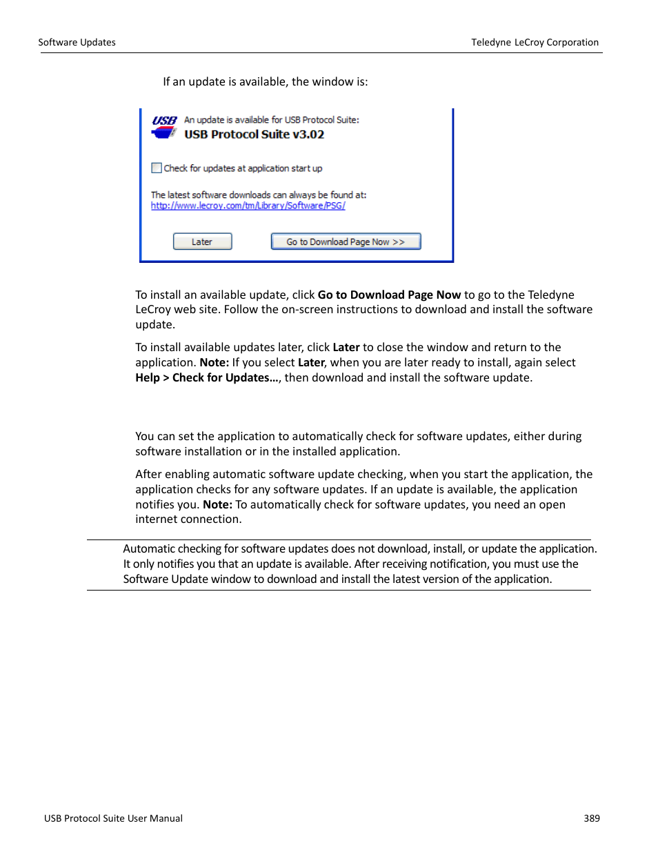 2 automatic check for software updates | Teledyne LeCroy USB Protocol Suite User Manual (Voyager_Advisor T3_Mercury) User Manual | Page 389 / 414