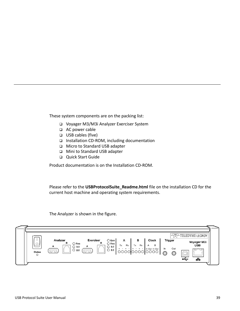 General description, 1 voyager m3/m3i analyzer, 1 system components and packing list | 2 host machine requirements, 3 analyzer, Chapter 2: general description, Chapter 2 | Teledyne LeCroy USB Protocol Suite User Manual (Voyager_Advisor T3_Mercury) User Manual | Page 39 / 414