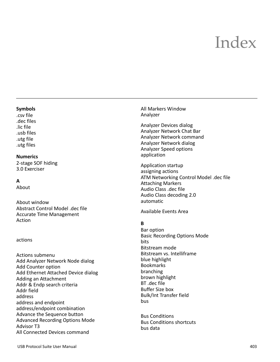 Index | Teledyne LeCroy USB Protocol Suite User Manual (Voyager_Advisor T3_Mercury) User Manual | Page 403 / 414
