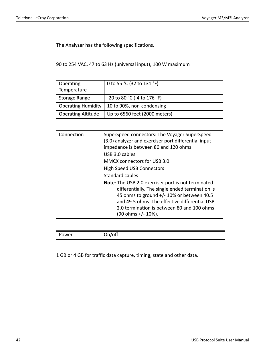 4 specifications, Power requirements, Environmental conditions | Probing characteristics, Switches, Recording memory size | Teledyne LeCroy USB Protocol Suite User Manual (Voyager_Advisor T3_Mercury) User Manual | Page 42 / 414