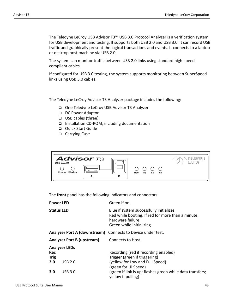 2 advisor t3, 1 components, 2 front panel | Teledyne LeCroy USB Protocol Suite User Manual (Voyager_Advisor T3_Mercury) User Manual | Page 43 / 414