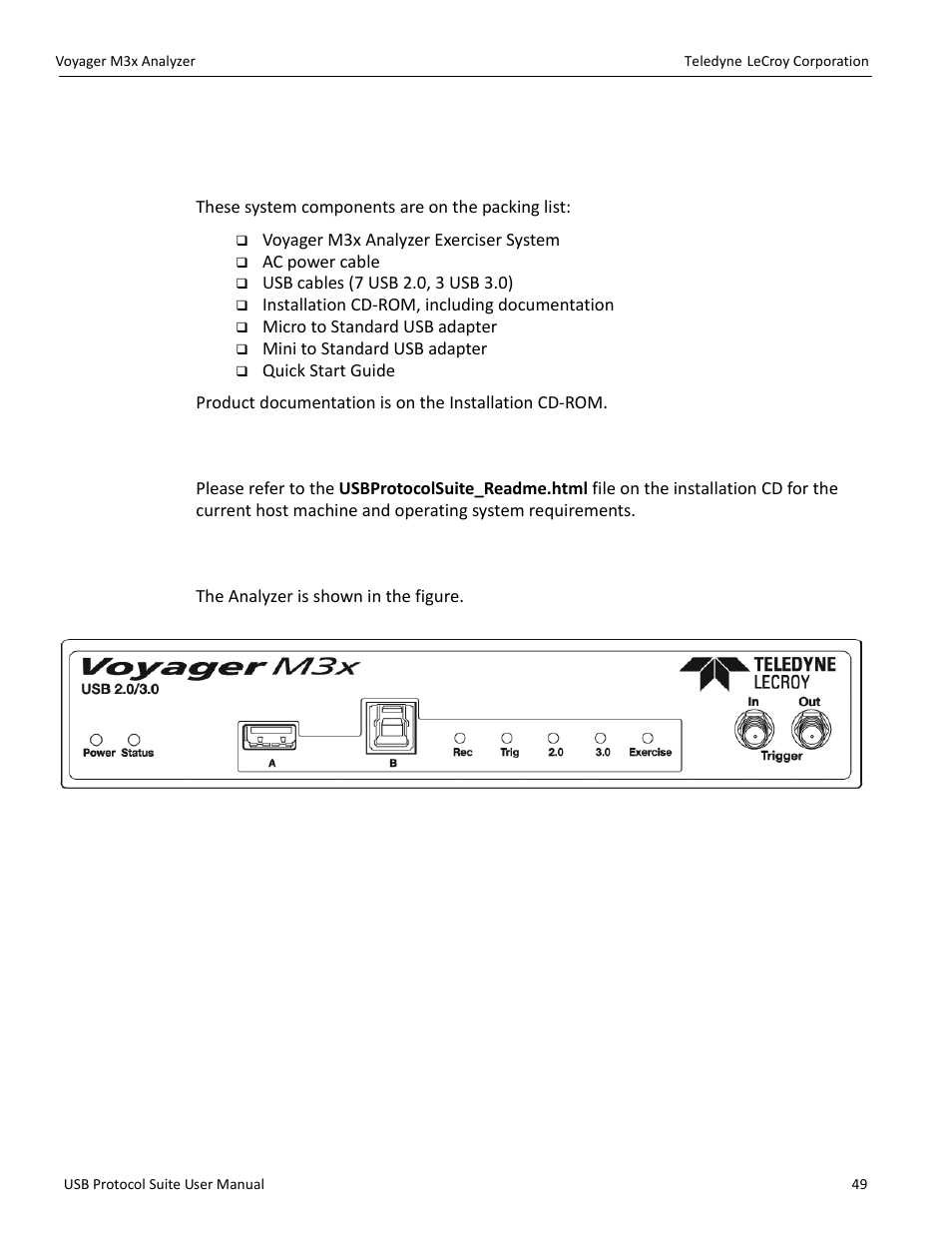 4 voyager m3x analyzer, 1 system components and packing list, 2 host machine requirements | 3 analyzer | Teledyne LeCroy USB Protocol Suite User Manual (Voyager_Advisor T3_Mercury) User Manual | Page 49 / 414