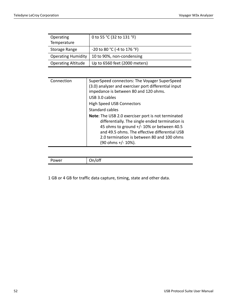 Environmental conditions, Probing characteristics, Switches | Recording memory size | Teledyne LeCroy USB Protocol Suite User Manual (Voyager_Advisor T3_Mercury) User Manual | Page 52 / 414